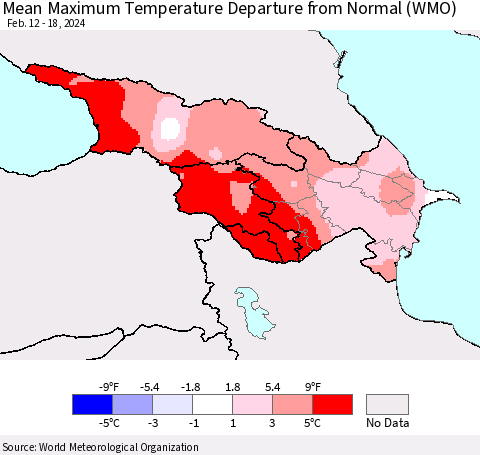 Azerbaijan, Armenia and Georgia Mean Maximum Temperature Departure from Normal (WMO) Thematic Map For 2/12/2024 - 2/18/2024