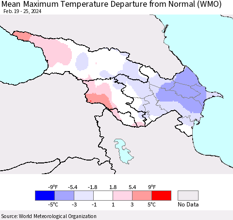 Azerbaijan, Armenia and Georgia Mean Maximum Temperature Departure from Normal (WMO) Thematic Map For 2/19/2024 - 2/25/2024