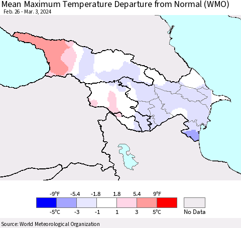 Azerbaijan, Armenia and Georgia Mean Maximum Temperature Departure from Normal (WMO) Thematic Map For 2/26/2024 - 3/3/2024
