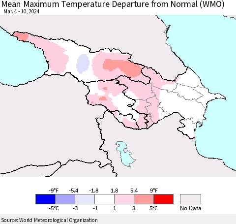 Azerbaijan, Armenia and Georgia Mean Maximum Temperature Departure from Normal (WMO) Thematic Map For 3/4/2024 - 3/10/2024