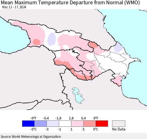 Azerbaijan, Armenia and Georgia Mean Maximum Temperature Departure from Normal (WMO) Thematic Map For 3/11/2024 - 3/17/2024