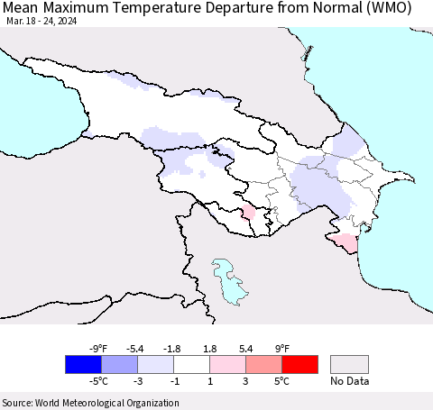 Azerbaijan, Armenia and Georgia Mean Maximum Temperature Departure from Normal (WMO) Thematic Map For 3/18/2024 - 3/24/2024