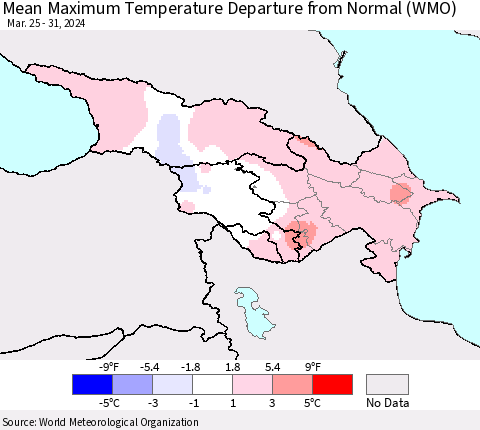 Azerbaijan, Armenia and Georgia Mean Maximum Temperature Departure from Normal (WMO) Thematic Map For 3/25/2024 - 3/31/2024