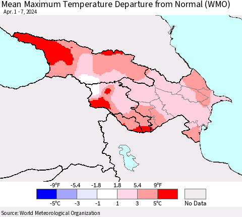 Azerbaijan, Armenia and Georgia Mean Maximum Temperature Departure from Normal (WMO) Thematic Map For 4/1/2024 - 4/7/2024