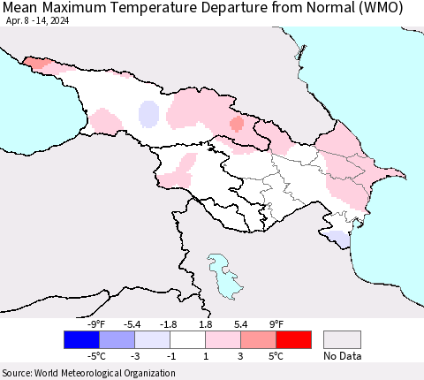 Azerbaijan, Armenia and Georgia Mean Maximum Temperature Departure from Normal (WMO) Thematic Map For 4/8/2024 - 4/14/2024