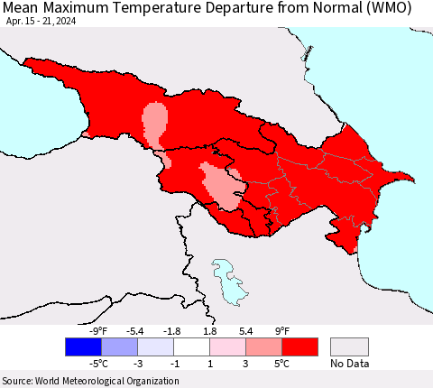 Azerbaijan, Armenia and Georgia Mean Maximum Temperature Departure from Normal (WMO) Thematic Map For 4/15/2024 - 4/21/2024