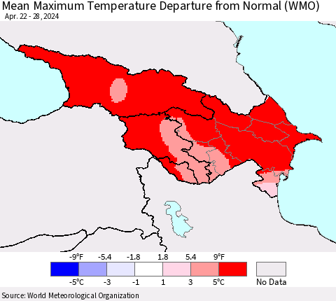 Azerbaijan, Armenia and Georgia Mean Maximum Temperature Departure from Normal (WMO) Thematic Map For 4/22/2024 - 4/28/2024