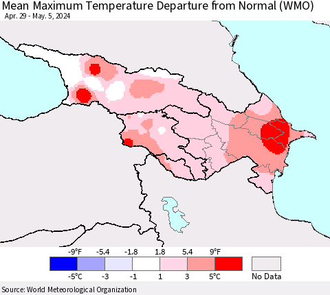 Azerbaijan, Armenia and Georgia Mean Maximum Temperature Departure from Normal (WMO) Thematic Map For 4/29/2024 - 5/5/2024