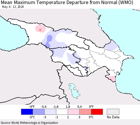 Azerbaijan, Armenia and Georgia Mean Maximum Temperature Departure from Normal (WMO) Thematic Map For 5/6/2024 - 5/12/2024