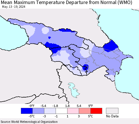 Azerbaijan, Armenia and Georgia Mean Maximum Temperature Departure from Normal (WMO) Thematic Map For 5/13/2024 - 5/19/2024