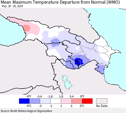 Azerbaijan, Armenia and Georgia Mean Maximum Temperature Departure from Normal (WMO) Thematic Map For 5/20/2024 - 5/26/2024