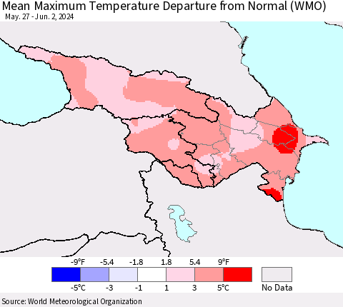 Azerbaijan, Armenia and Georgia Mean Maximum Temperature Departure from Normal (WMO) Thematic Map For 5/27/2024 - 6/2/2024