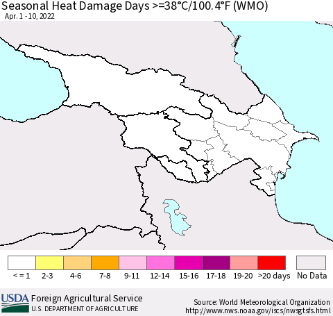 Azerbaijan, Armenia and Georgia Seasonal Heat Damage Days >=38°C/100°F (WMO) Thematic Map For 4/1/2022 - 4/10/2022