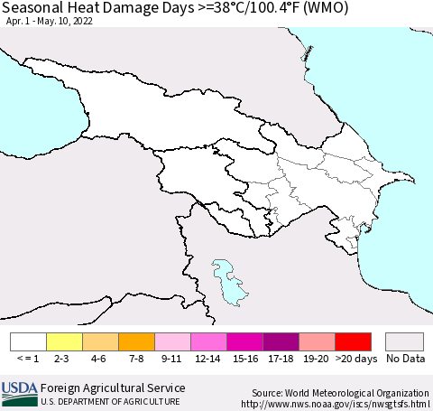 Azerbaijan, Armenia and Georgia Seasonal Heat Damage Days >=38°C/100°F (WMO) Thematic Map For 4/1/2022 - 5/10/2022