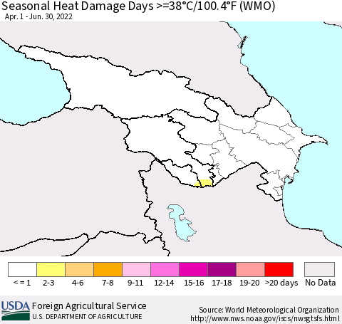 Azerbaijan, Armenia and Georgia Seasonal Heat Damage Days >=38°C/100°F (WMO) Thematic Map For 4/1/2022 - 6/30/2022