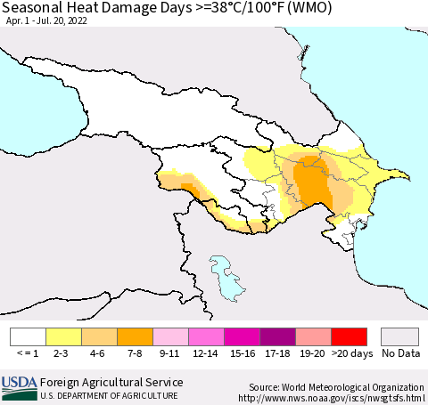 Azerbaijan, Armenia and Georgia Seasonal Heat Damage Days >=38°C/100°F (WMO) Thematic Map For 4/1/2022 - 7/20/2022