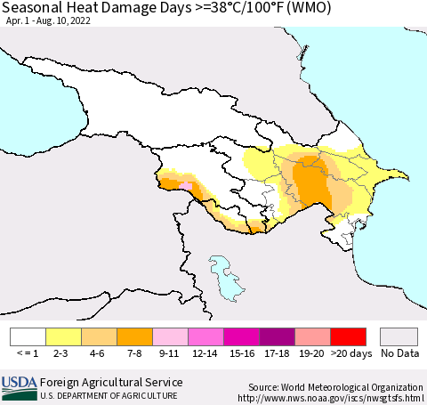 Azerbaijan, Armenia and Georgia Seasonal Heat Damage Days >=38°C/100°F (WMO) Thematic Map For 4/1/2022 - 8/10/2022