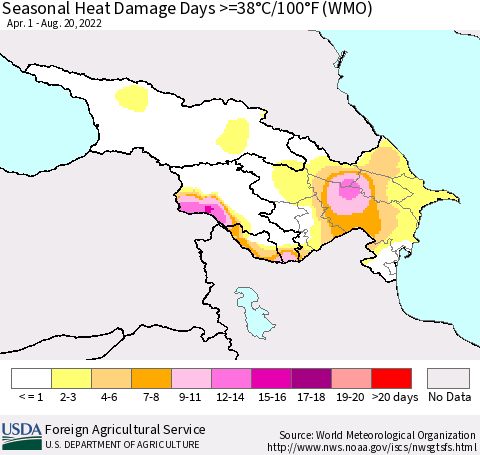 Azerbaijan, Armenia and Georgia Seasonal Heat Damage Days >=38°C/100°F (WMO) Thematic Map For 4/1/2022 - 8/20/2022
