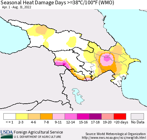 Azerbaijan, Armenia and Georgia Seasonal Heat Damage Days >=38°C/100°F (WMO) Thematic Map For 4/1/2022 - 8/31/2022