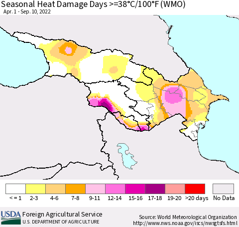 Azerbaijan, Armenia and Georgia Seasonal Heat Damage Days >=38°C/100°F (WMO) Thematic Map For 4/1/2022 - 9/10/2022