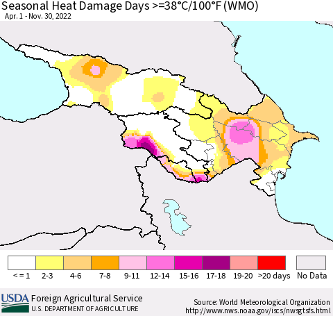 Azerbaijan, Armenia and Georgia Seasonal Heat Damage Days >=38°C/100°F (WMO) Thematic Map For 4/1/2022 - 11/30/2022