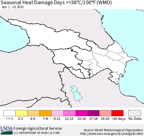 Azerbaijan, Armenia and Georgia Seasonal Heat Damage Days >=38°C/100°F (WMO) Thematic Map For 4/1/2023 - 4/10/2023