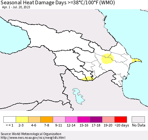 Azerbaijan, Armenia and Georgia Seasonal Heat Damage Days >=38°C/100°F (WMO) Thematic Map For 4/1/2023 - 7/20/2023