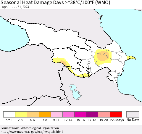 Azerbaijan, Armenia and Georgia Seasonal Heat Damage Days >=38°C/100°F (WMO) Thematic Map For 4/1/2023 - 7/31/2023