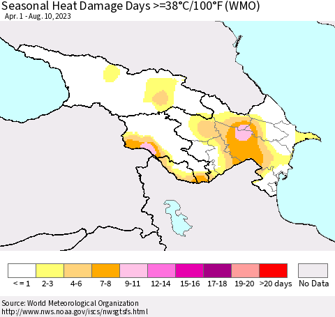 Azerbaijan, Armenia and Georgia Seasonal Heat Damage Days >=38°C/100°F (WMO) Thematic Map For 4/1/2023 - 8/10/2023