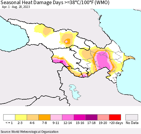 Azerbaijan, Armenia and Georgia Seasonal Heat Damage Days >=38°C/100°F (WMO) Thematic Map For 4/1/2023 - 8/20/2023