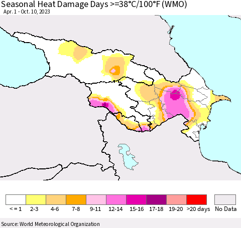 Azerbaijan, Armenia and Georgia Seasonal Heat Damage Days >=38°C/100°F (WMO) Thematic Map For 4/1/2023 - 10/10/2023