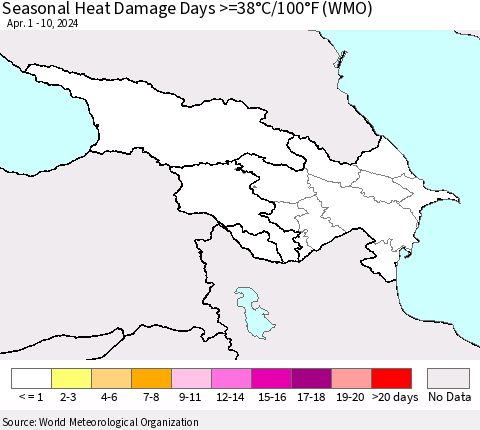 Azerbaijan, Armenia and Georgia Seasonal Heat Damage Days >=38°C/100°F (WMO) Thematic Map For 4/1/2024 - 4/10/2024