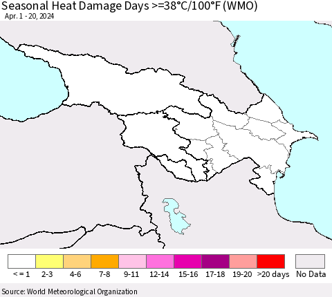 Azerbaijan, Armenia and Georgia Seasonal Heat Damage Days >=38°C/100°F (WMO) Thematic Map For 4/1/2024 - 4/20/2024