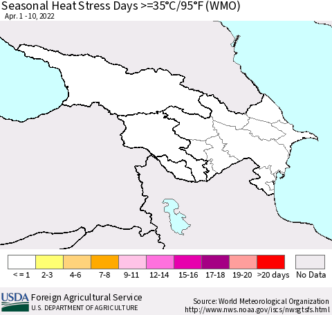 Azerbaijan, Armenia and Georgia Seasonal Heat Stress Days >=35°C/95°F (WMO) Thematic Map For 4/1/2022 - 4/10/2022