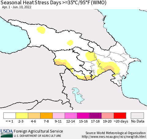 Azerbaijan, Armenia and Georgia Seasonal Heat Stress Days >=35°C/95°F (WMO) Thematic Map For 4/1/2022 - 6/10/2022