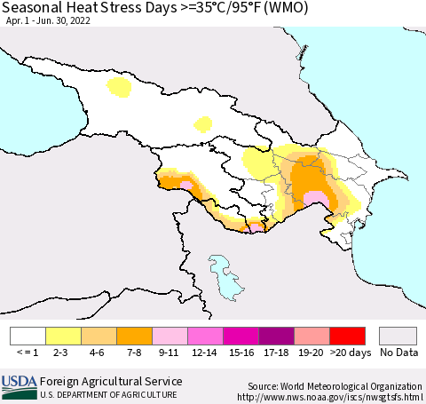 Azerbaijan, Armenia and Georgia Seasonal Heat Stress Days >=35°C/95°F (WMO) Thematic Map For 4/1/2022 - 6/30/2022