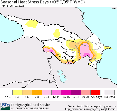 Azerbaijan, Armenia and Georgia Seasonal Heat Stress Days >=35°C/95°F (WMO) Thematic Map For 4/1/2022 - 7/10/2022