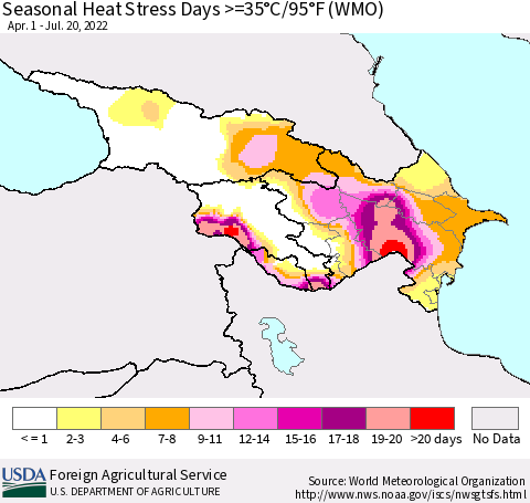 Azerbaijan, Armenia and Georgia Seasonal Heat Stress Days >=35°C/95°F (WMO) Thematic Map For 4/1/2022 - 7/20/2022