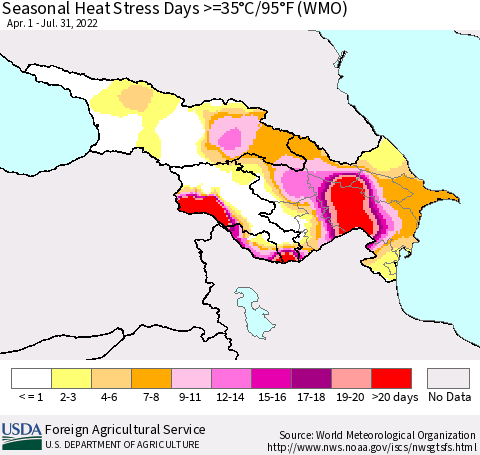 Azerbaijan, Armenia and Georgia Seasonal Heat Stress Days >=35°C/95°F (WMO) Thematic Map For 4/1/2022 - 7/31/2022