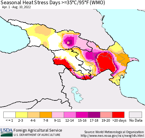 Azerbaijan, Armenia and Georgia Seasonal Heat Stress Days >=35°C/95°F (WMO) Thematic Map For 4/1/2022 - 8/10/2022