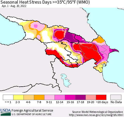 Azerbaijan, Armenia and Georgia Seasonal Heat Stress Days >=35°C/95°F (WMO) Thematic Map For 4/1/2022 - 8/20/2022