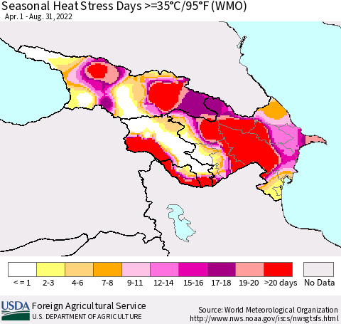 Azerbaijan, Armenia and Georgia Seasonal Heat Stress Days >=35°C/95°F (WMO) Thematic Map For 4/1/2022 - 8/31/2022