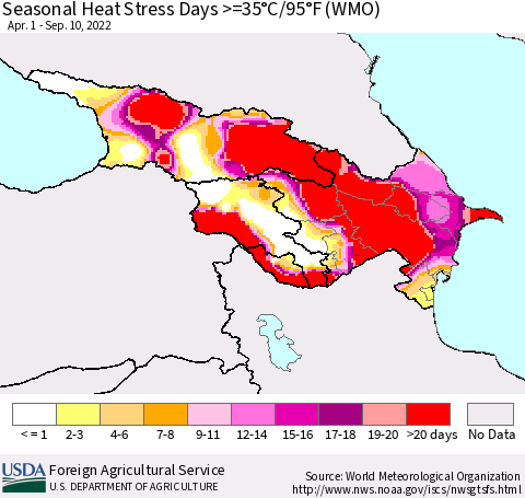 Azerbaijan, Armenia and Georgia Seasonal Heat Stress Days >=35°C/95°F (WMO) Thematic Map For 4/1/2022 - 9/10/2022