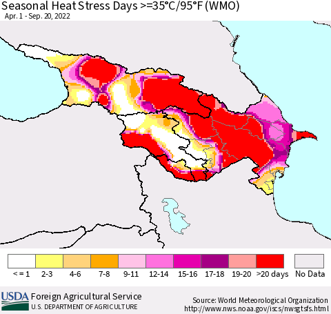 Azerbaijan, Armenia and Georgia Seasonal Heat Stress Days >=35°C/95°F (WMO) Thematic Map For 4/1/2022 - 9/20/2022