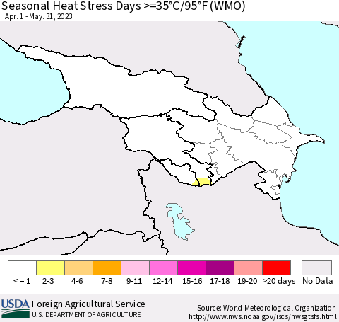 Azerbaijan, Armenia and Georgia Seasonal Heat Stress Days >=35°C/95°F (WMO) Thematic Map For 4/1/2023 - 5/31/2023