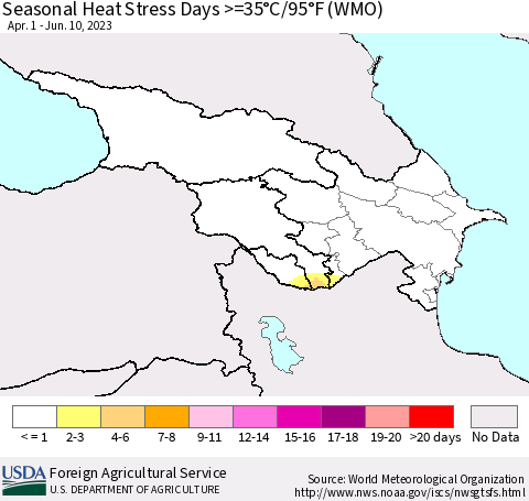 Azerbaijan, Armenia and Georgia Seasonal Heat Stress Days >=35°C/95°F (WMO) Thematic Map For 4/1/2023 - 6/10/2023
