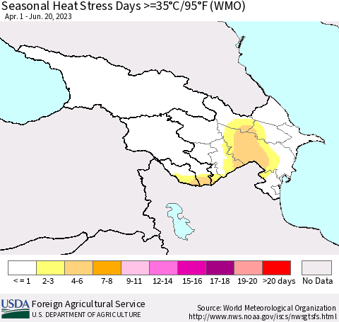 Azerbaijan, Armenia and Georgia Seasonal Heat Stress Days >=35°C/95°F (WMO) Thematic Map For 4/1/2023 - 6/20/2023