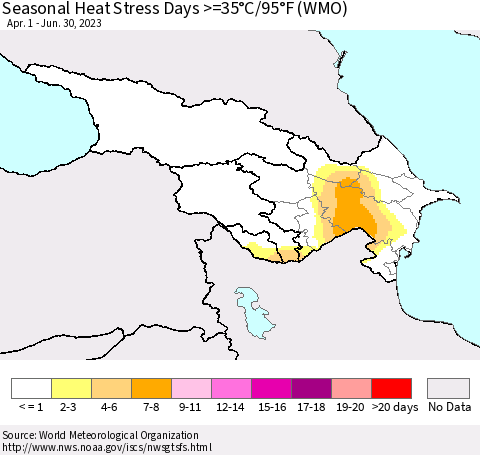 Azerbaijan, Armenia and Georgia Seasonal Heat Stress Days >=35°C/95°F (WMO) Thematic Map For 4/1/2023 - 6/30/2023