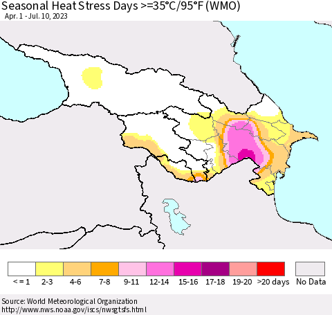 Azerbaijan, Armenia and Georgia Seasonal Heat Stress Days >=35°C/95°F (WMO) Thematic Map For 4/1/2023 - 7/10/2023