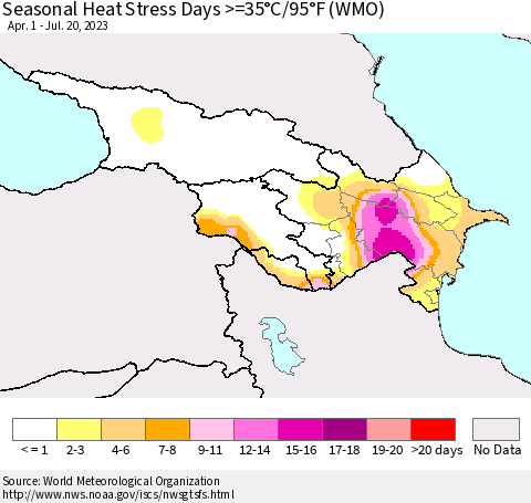Azerbaijan, Armenia and Georgia Seasonal Heat Stress Days >=35°C/95°F (WMO) Thematic Map For 4/1/2023 - 7/20/2023